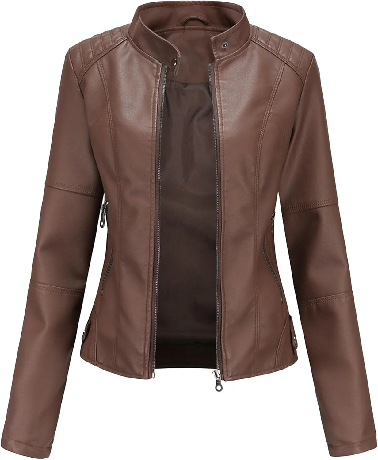 JEKE-DG Women's Zip Up Slim Fit Moto Biker Coat Stand Collar Faux Leather Coat Jacket Fashion Casual PU Coats