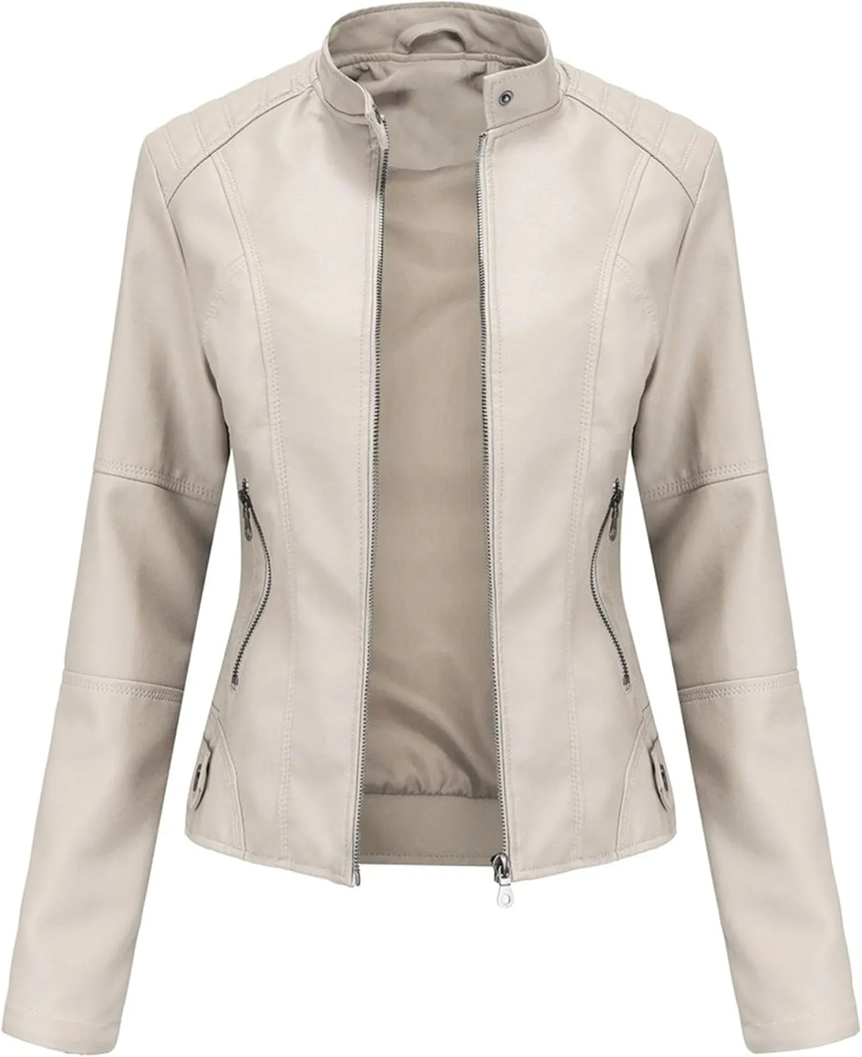 JEKE-DG Women's Zip Up Slim Fit Moto Biker Coat Stand Collar Faux Leather Coat Jacket Fashion Casual PU Coats