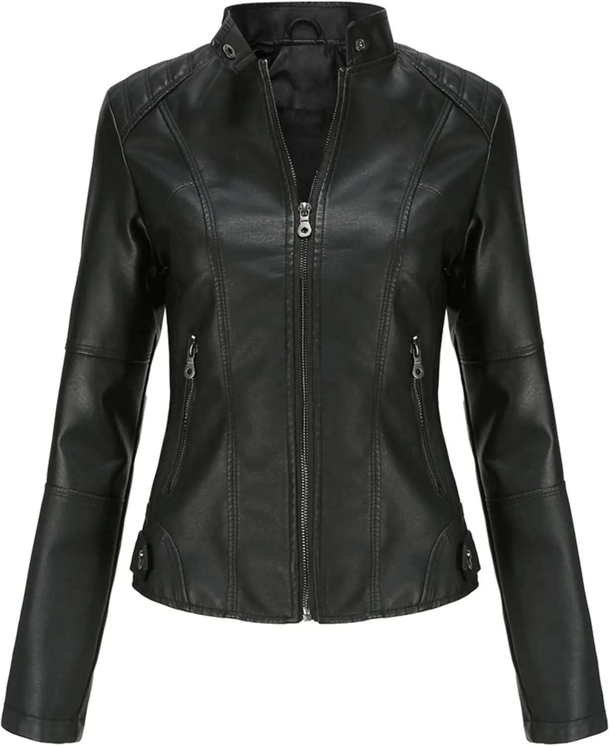 JEKE-DG Women's Zip Up Slim Fit Moto Biker Coat Stand Collar Faux Leather Coat Jacket Fashion Casual PU Coats