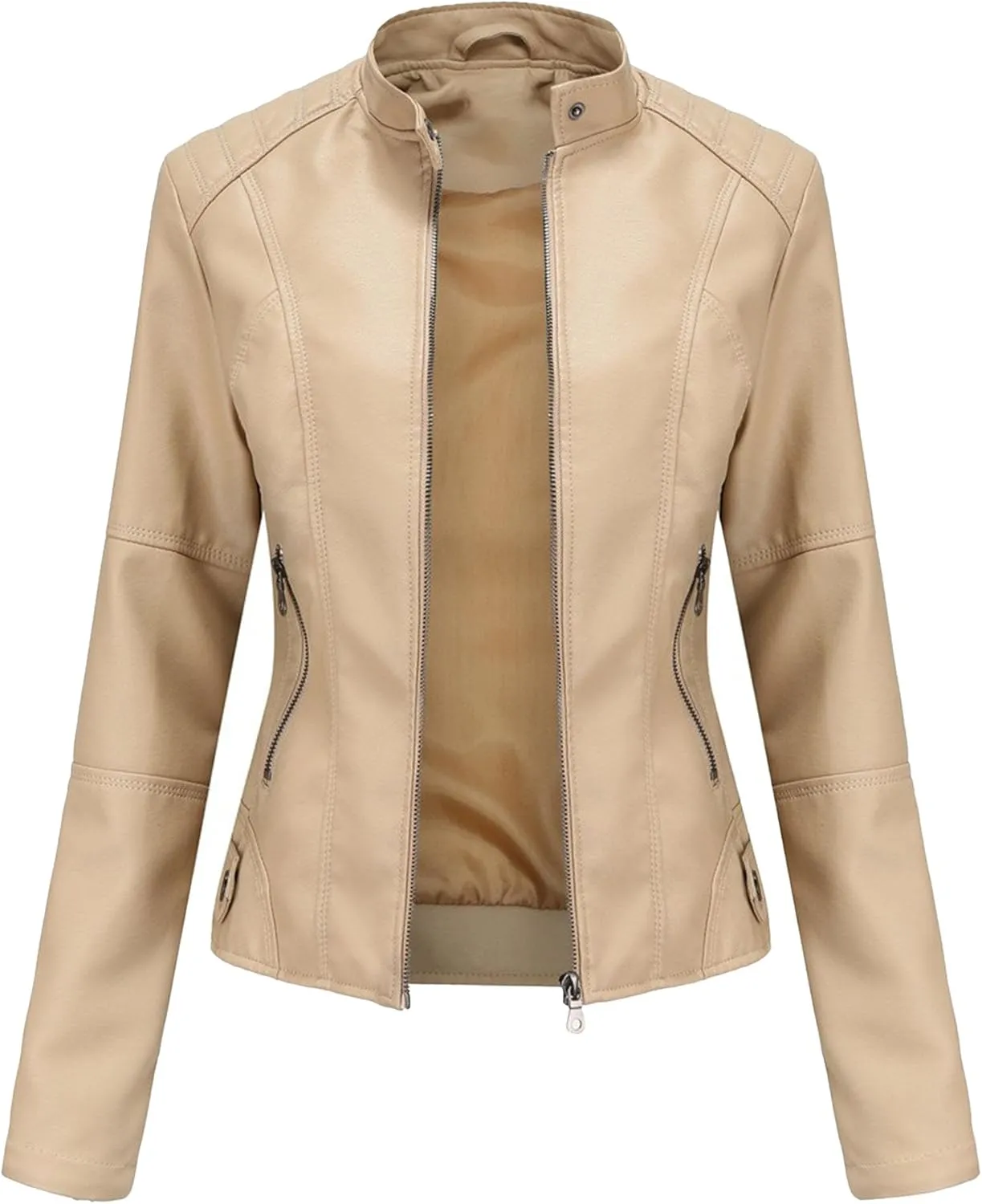 JEKE-DG Women's Zip Up Slim Fit Moto Biker Coat Stand Collar Faux Leather Coat Jacket Fashion Casual PU Coats