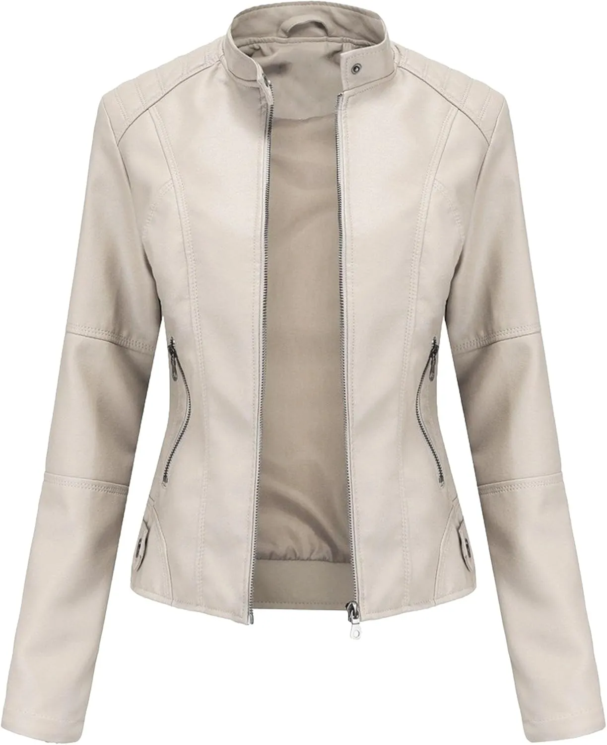 JEKE-DG Women's Zip Up Slim Fit Moto Biker Coat Stand Collar Faux Leather Coat Jacket Fashion Casual PU Coats