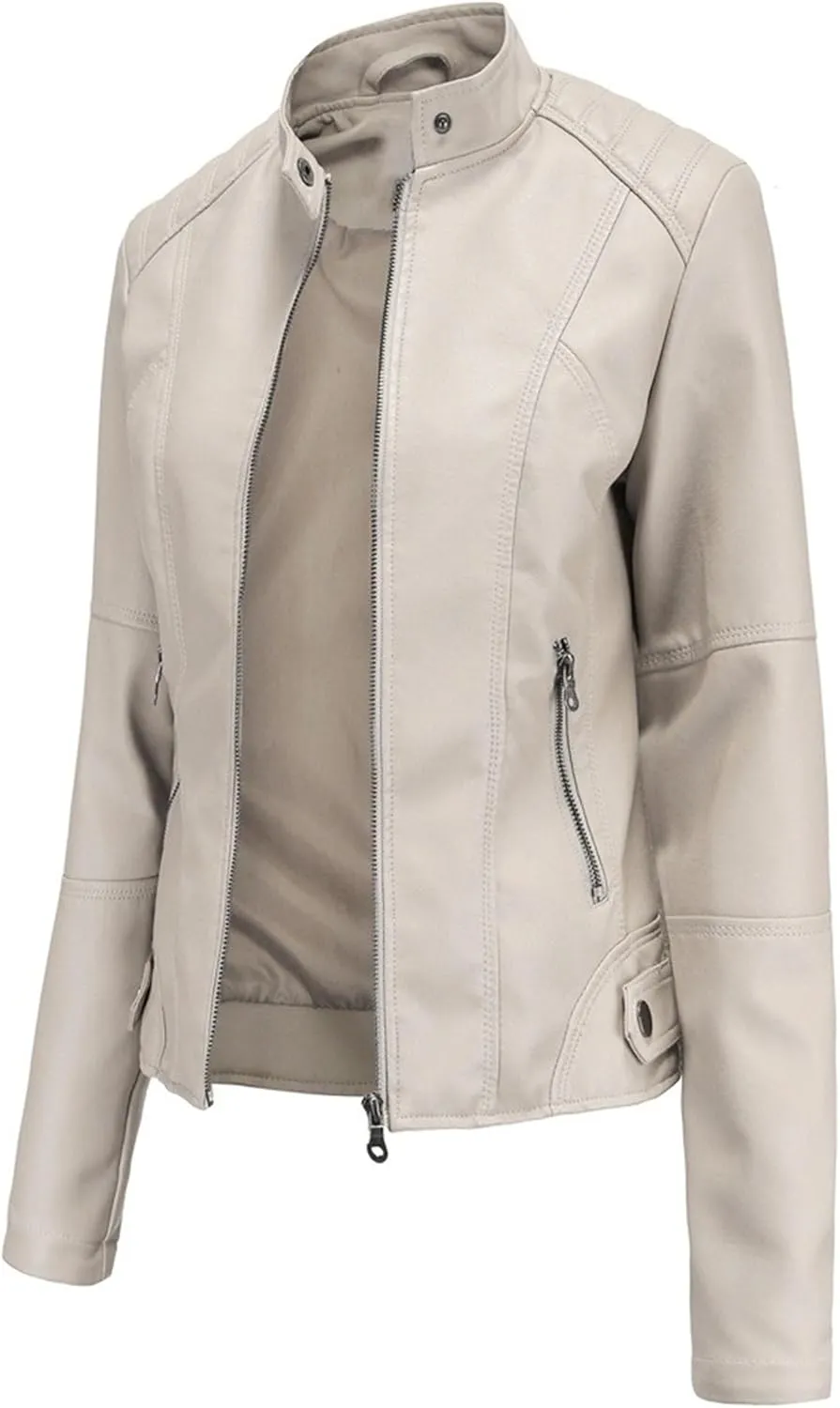 JEKE-DG Women's Zip Up Slim Fit Moto Biker Coat Stand Collar Faux Leather Coat Jacket Fashion Casual PU Coats