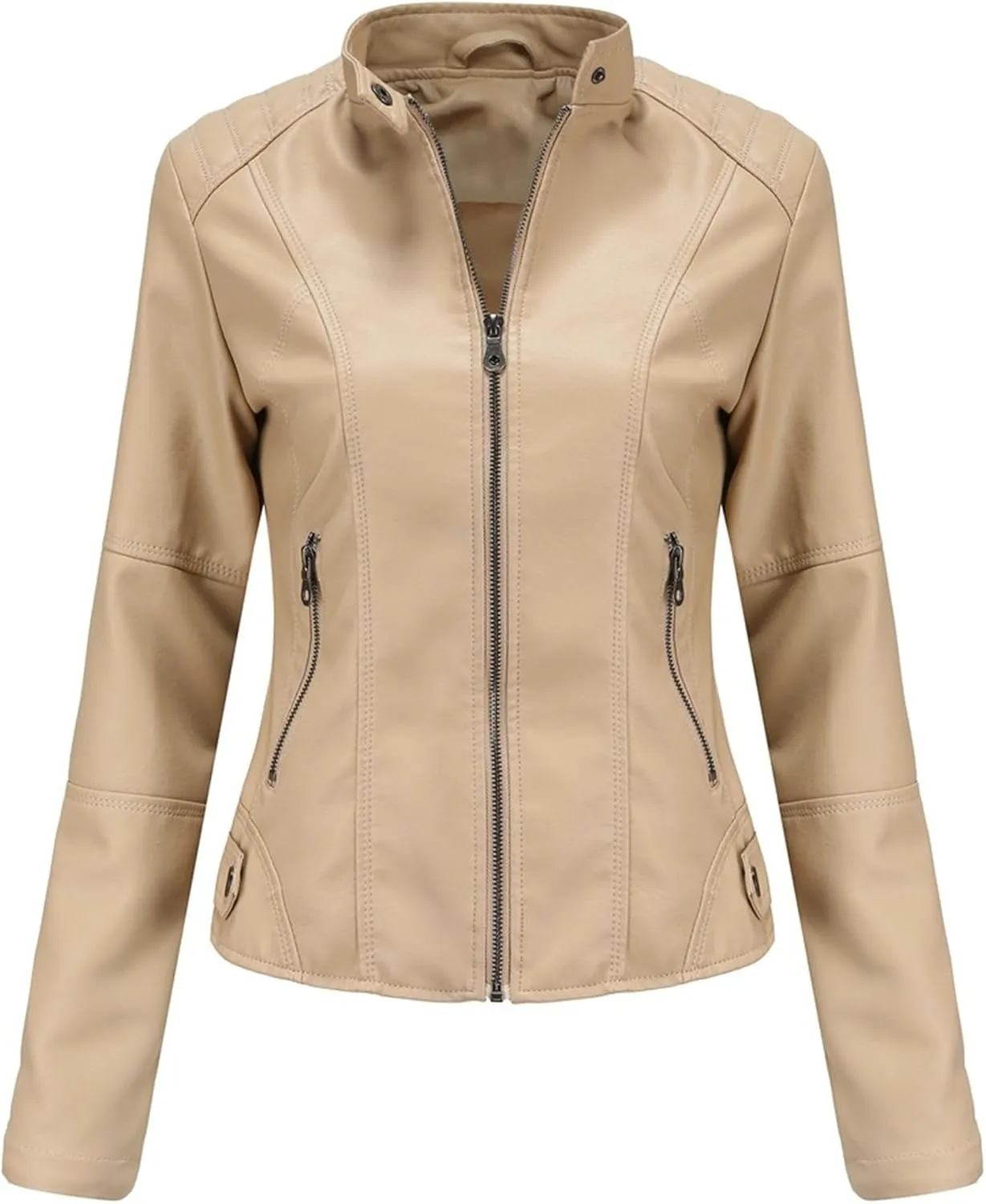 JEKE-DG Women's Zip Up Slim Fit Moto Biker Coat Stand Collar Faux Leather Coat Jacket Fashion Casual PU Coats