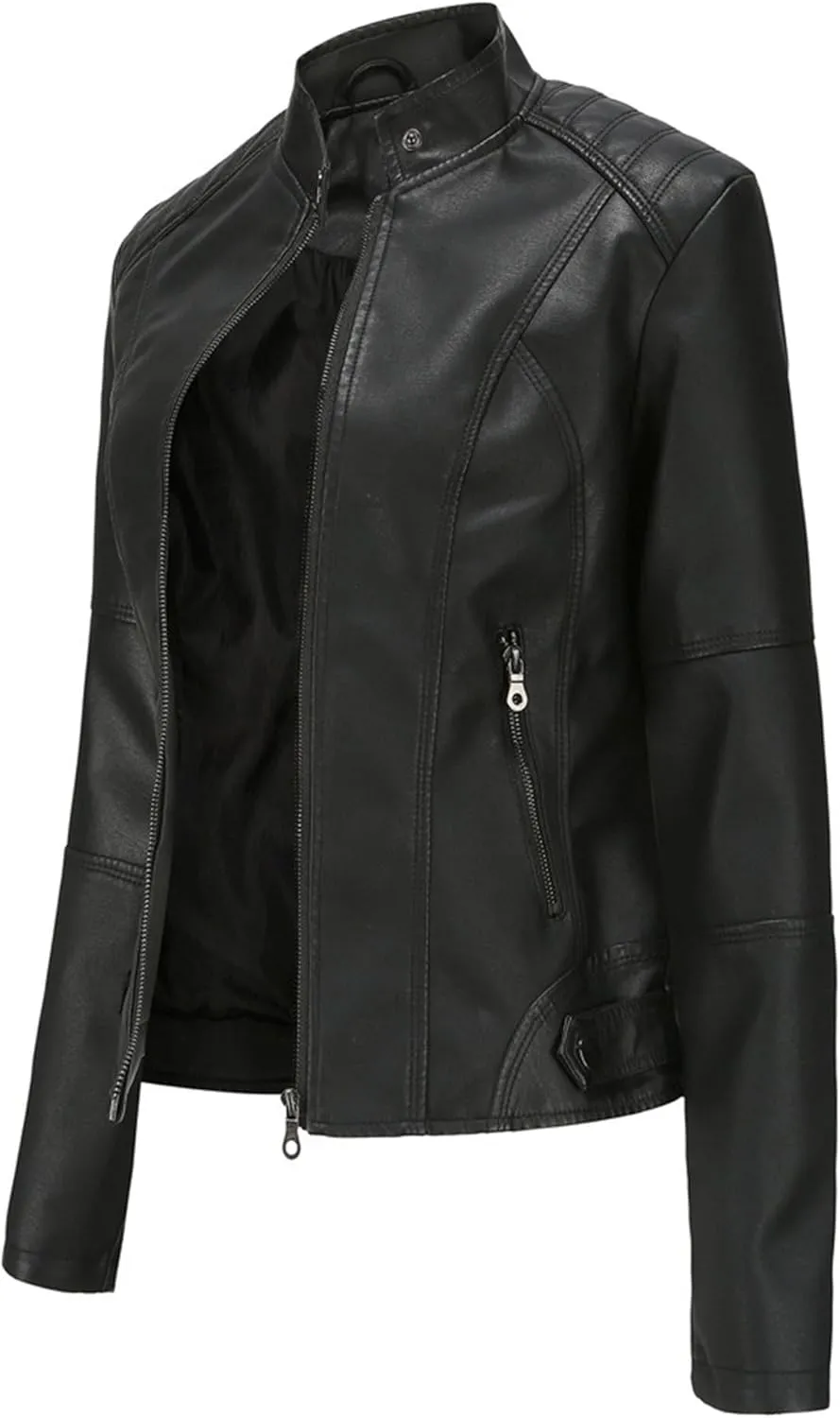 JEKE-DG Women's Zip Up Slim Fit Moto Biker Coat Stand Collar Faux Leather Coat Jacket Fashion Casual PU Coats