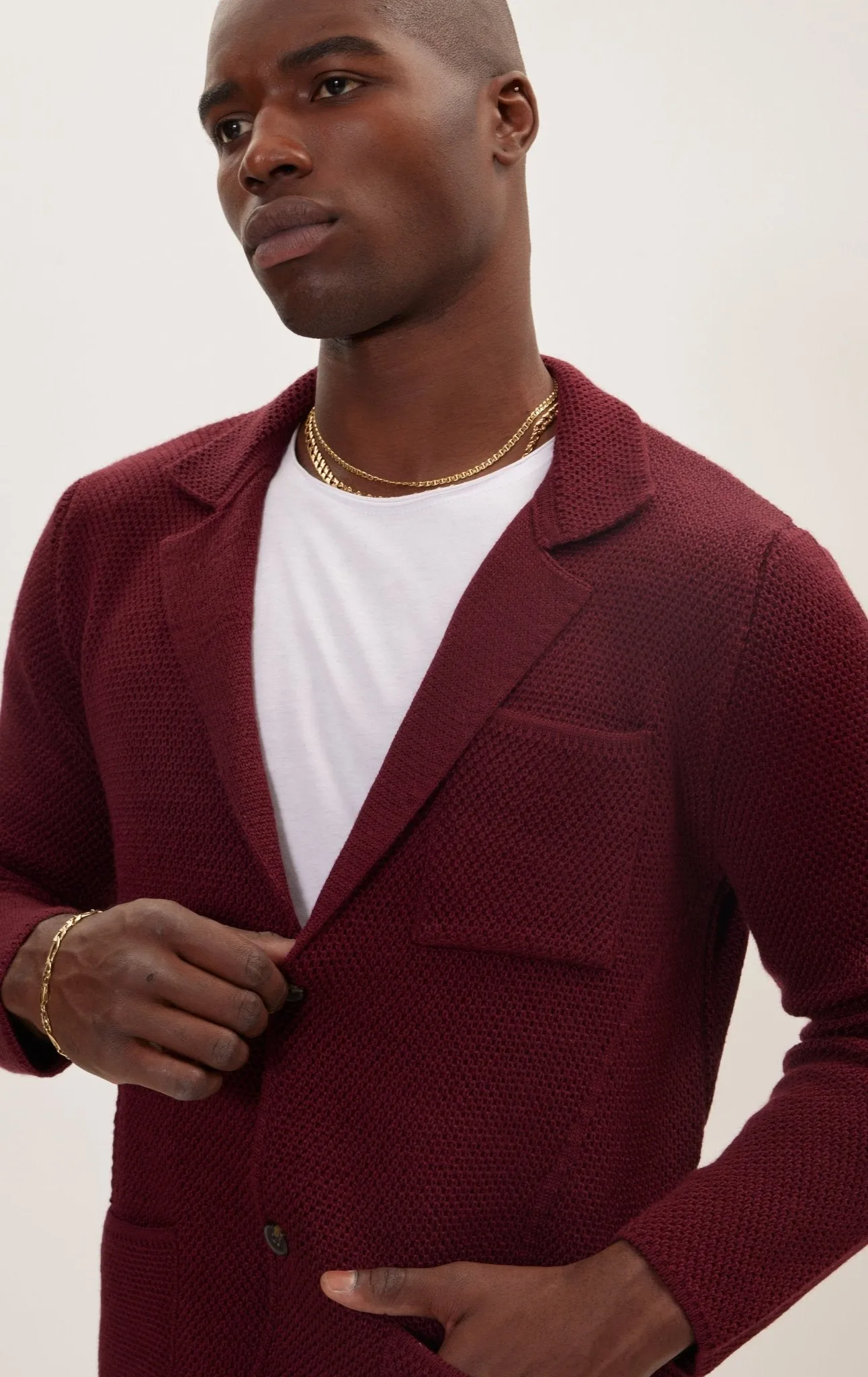 Knitted Notch Laper Fitted Blazer - Burgundy