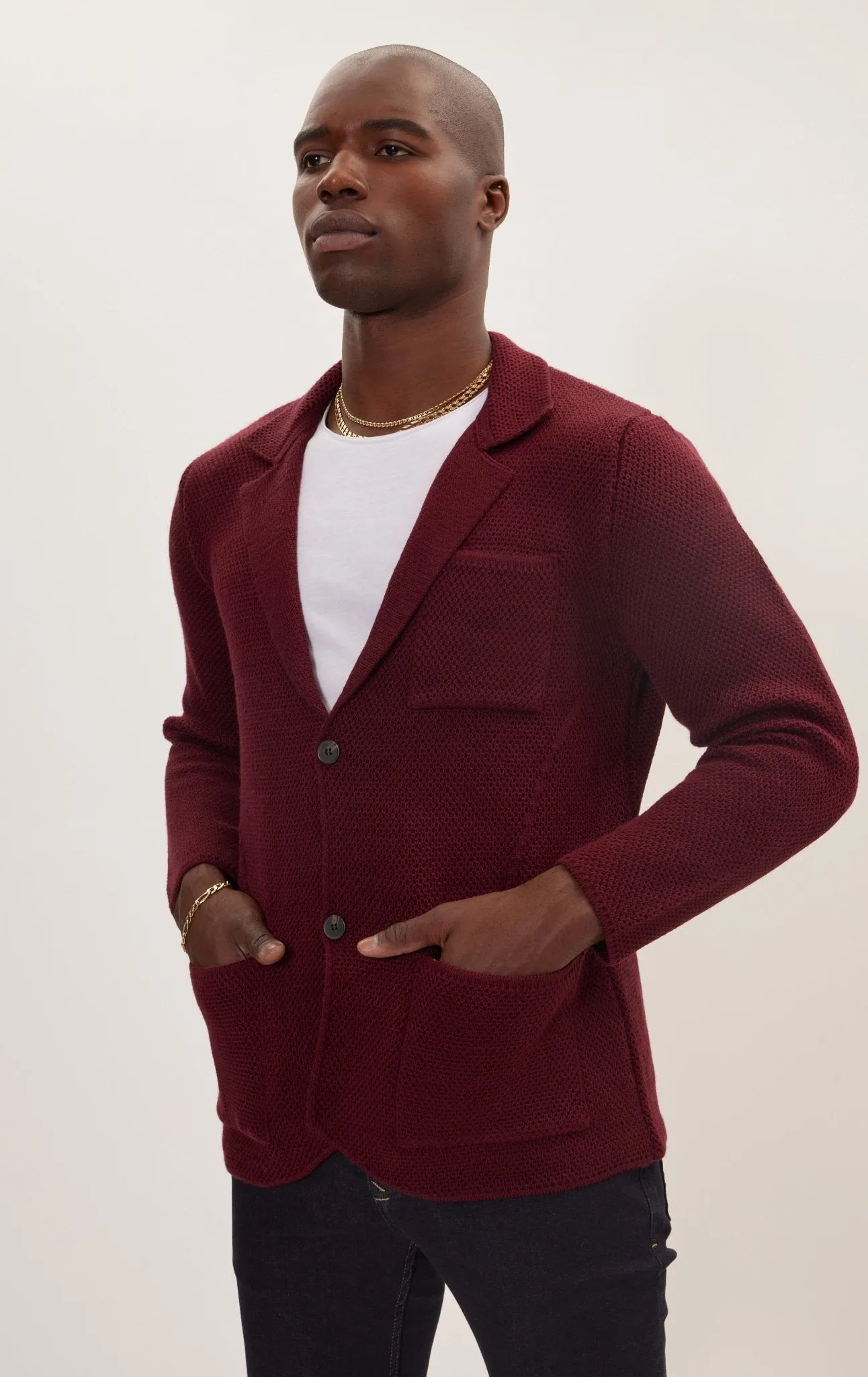 Knitted Notch Laper Fitted Blazer - Burgundy