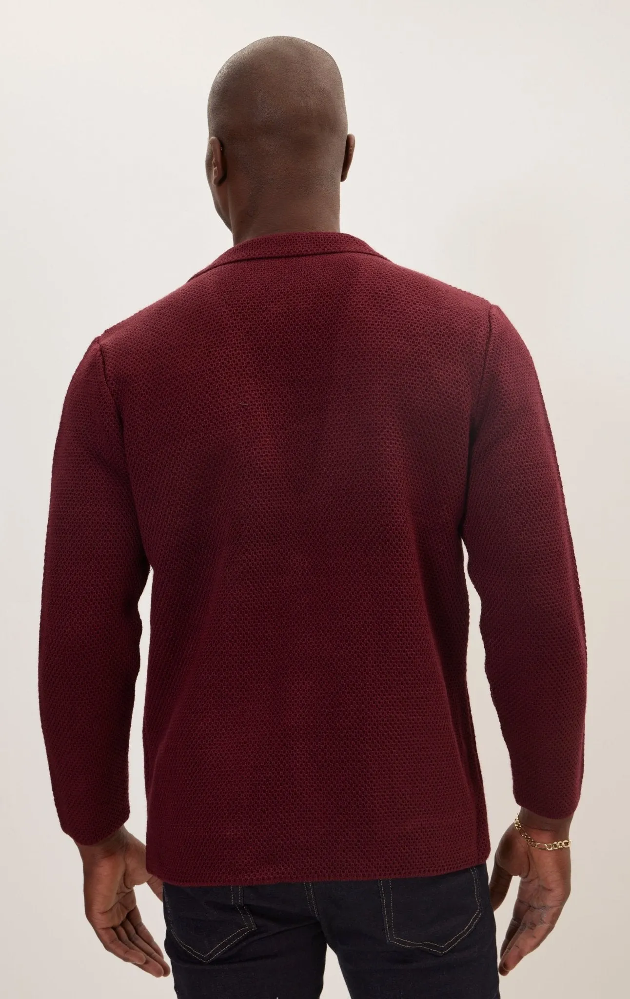 Knitted Notch Laper Fitted Blazer - Burgundy