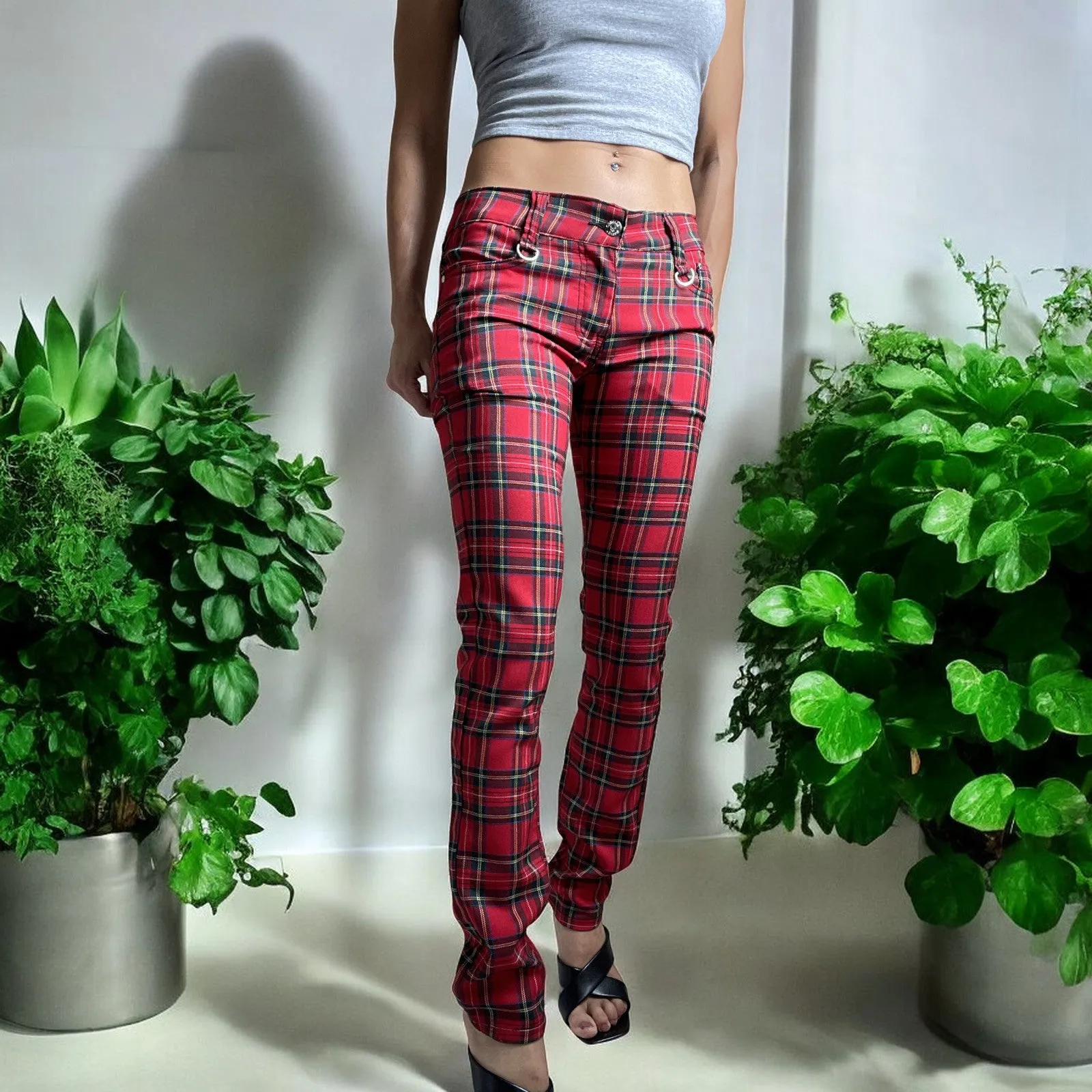 Lost Queen Women's Red Stewart Tartan Plaid 5 Pockets skinny Trouser