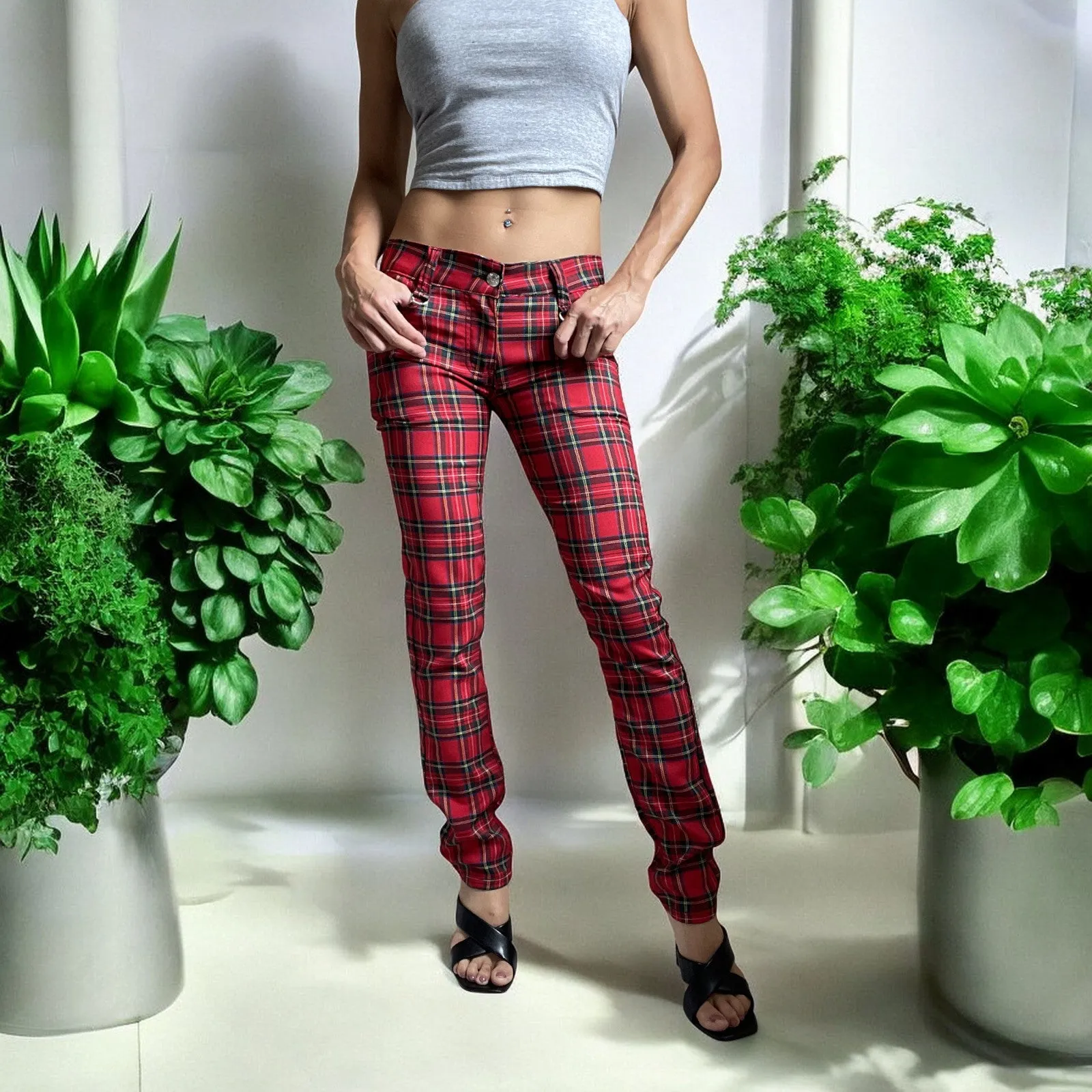 Lost Queen Women's Red Stewart Tartan Plaid 5 Pockets skinny Trouser
