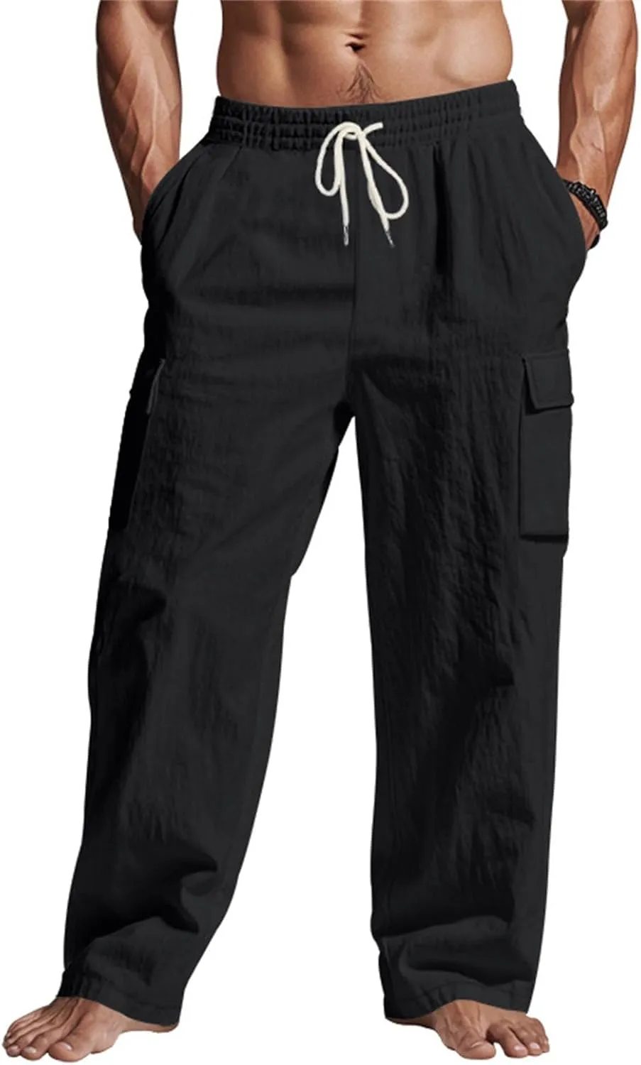 Mens Linen Cargo Pants Relaxed Fit Drawstring Waist Beach Pants with Pockets Casual Summer Lightweight Trousers