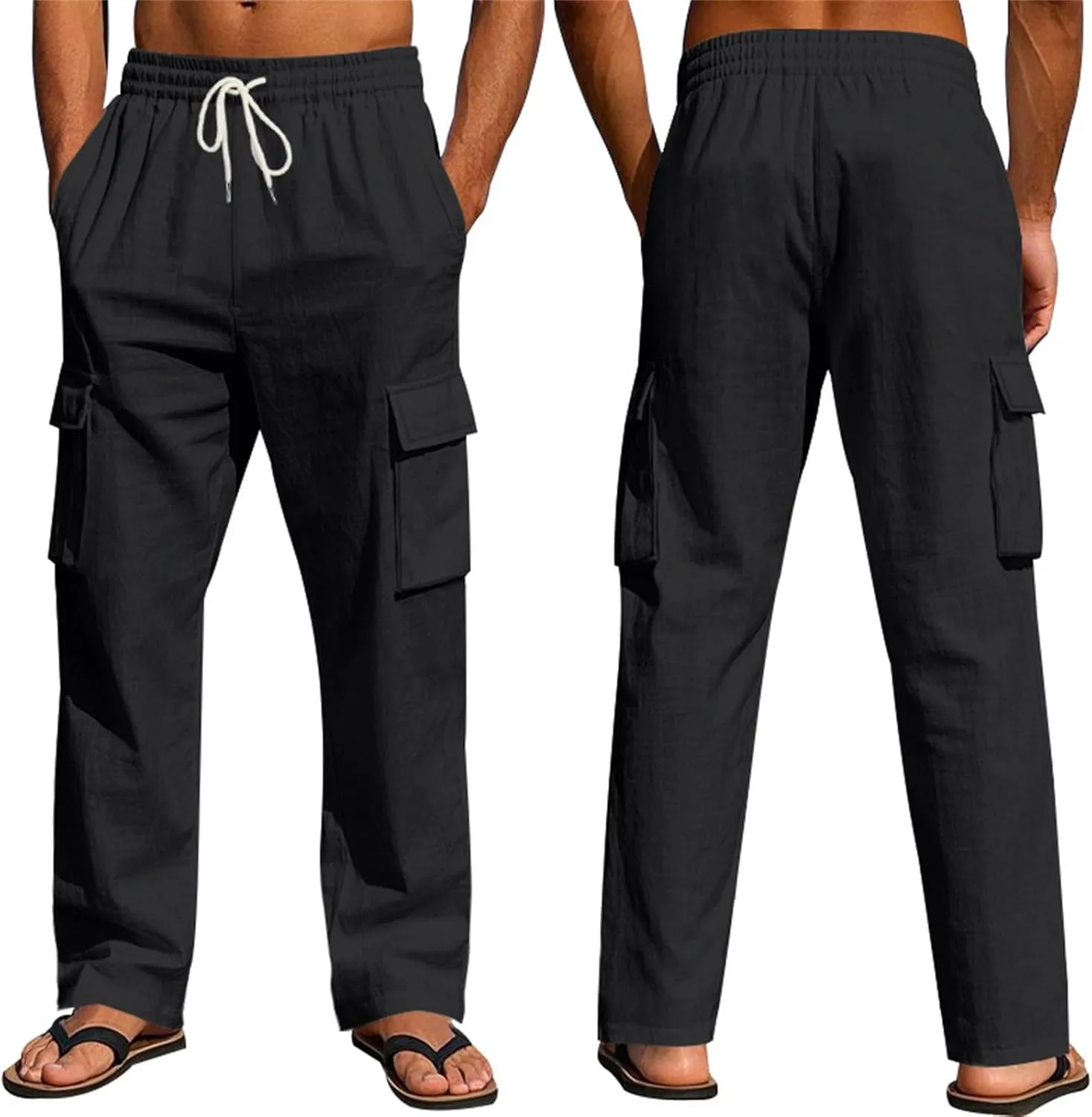 Mens Linen Cargo Pants Relaxed Fit Drawstring Waist Beach Pants with Pockets Casual Summer Lightweight Trousers