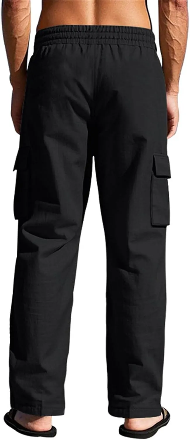 Mens Linen Cargo Pants Relaxed Fit Drawstring Waist Beach Pants with Pockets Casual Summer Lightweight Trousers