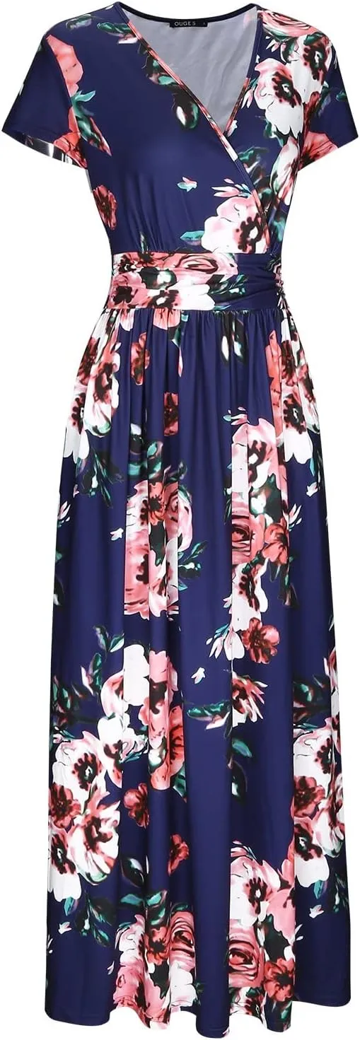 OUGES Womens' V-Neck Pattern Pocket Maxi Long Dress
