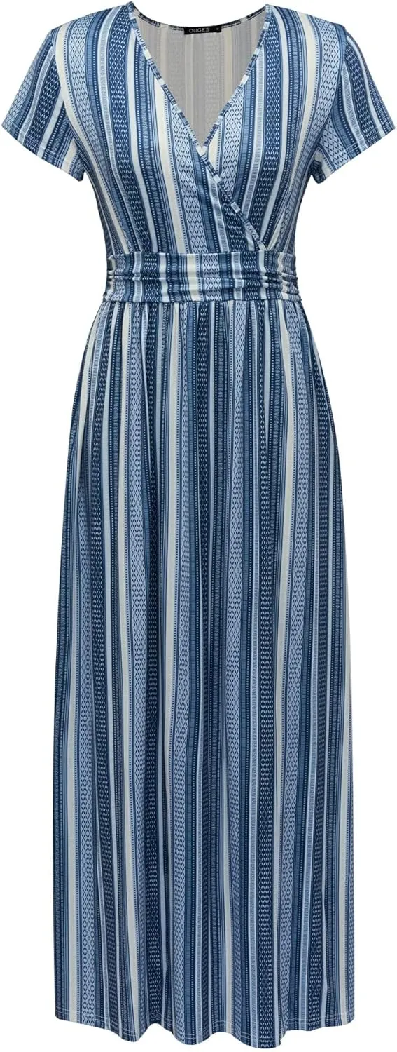 OUGES Womens' V-Neck Pattern Pocket Maxi Long Dress