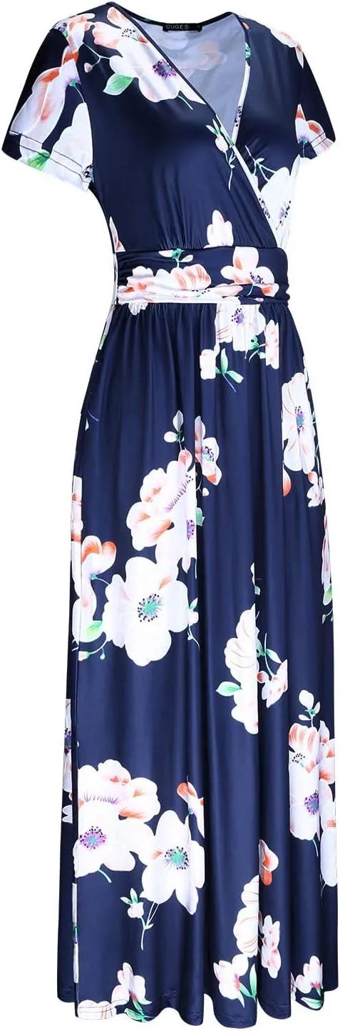 OUGES Womens' V-Neck Pattern Pocket Maxi Long Dress