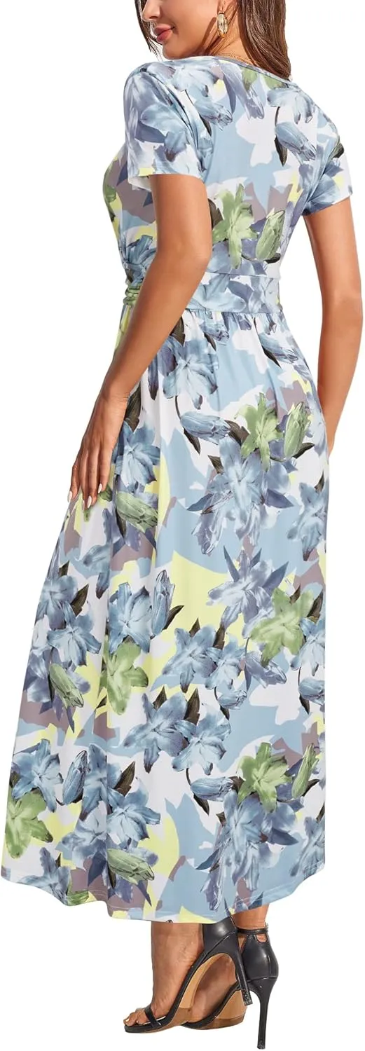 OUGES Womens' V-Neck Pattern Pocket Maxi Long Dress