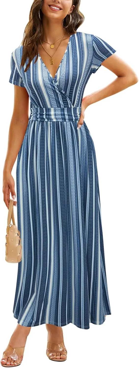 OUGES Womens' V-Neck Pattern Pocket Maxi Long Dress