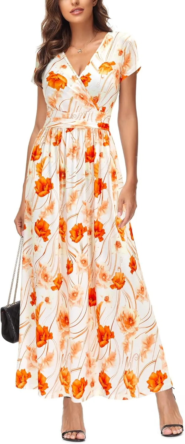 OUGES Womens' V-Neck Pattern Pocket Maxi Long Dress