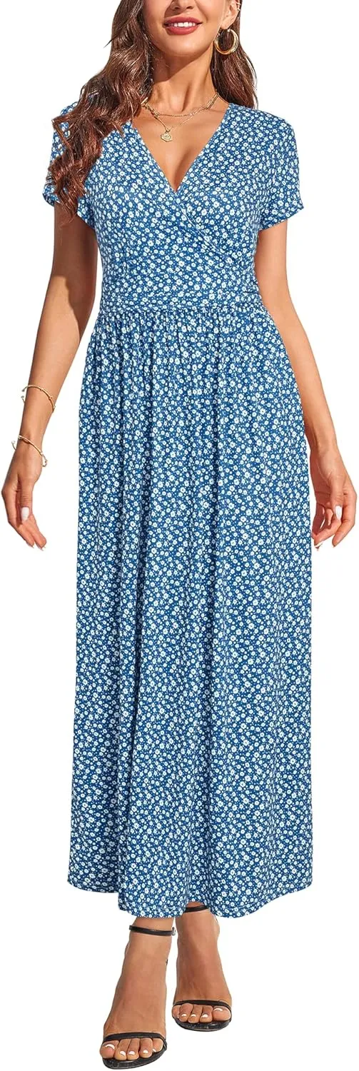 OUGES Womens' V-Neck Pattern Pocket Maxi Long Dress