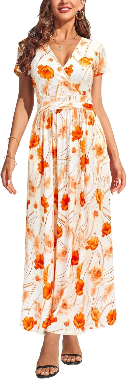 OUGES Womens' V-Neck Pattern Pocket Maxi Long Dress