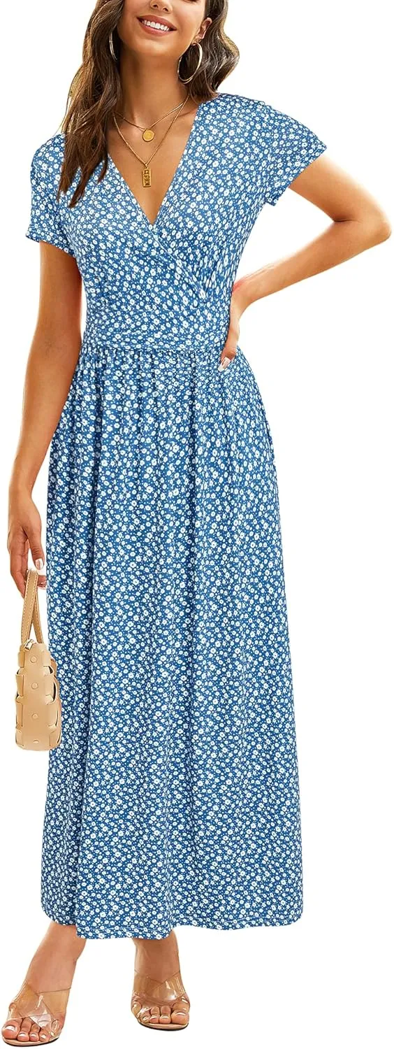OUGES Womens' V-Neck Pattern Pocket Maxi Long Dress