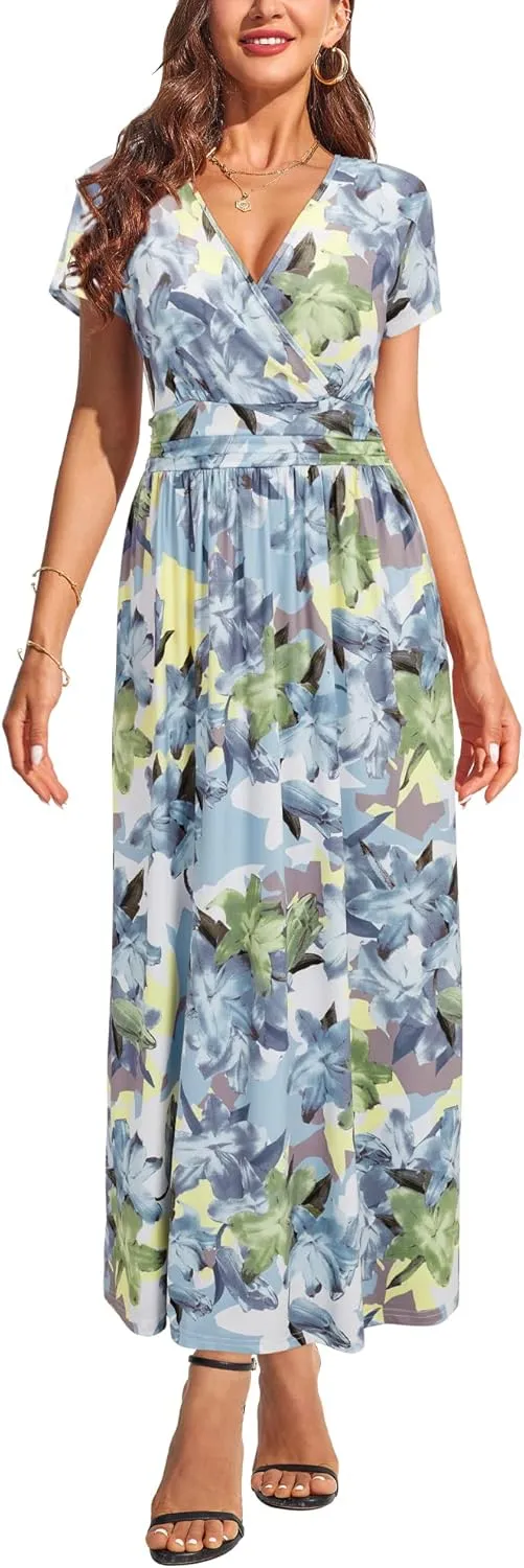 OUGES Womens' V-Neck Pattern Pocket Maxi Long Dress
