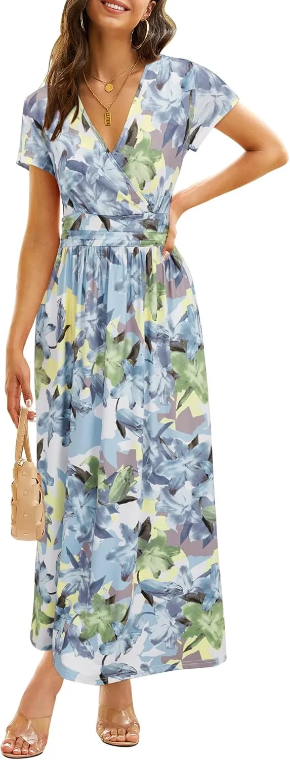 OUGES Womens' V-Neck Pattern Pocket Maxi Long Dress