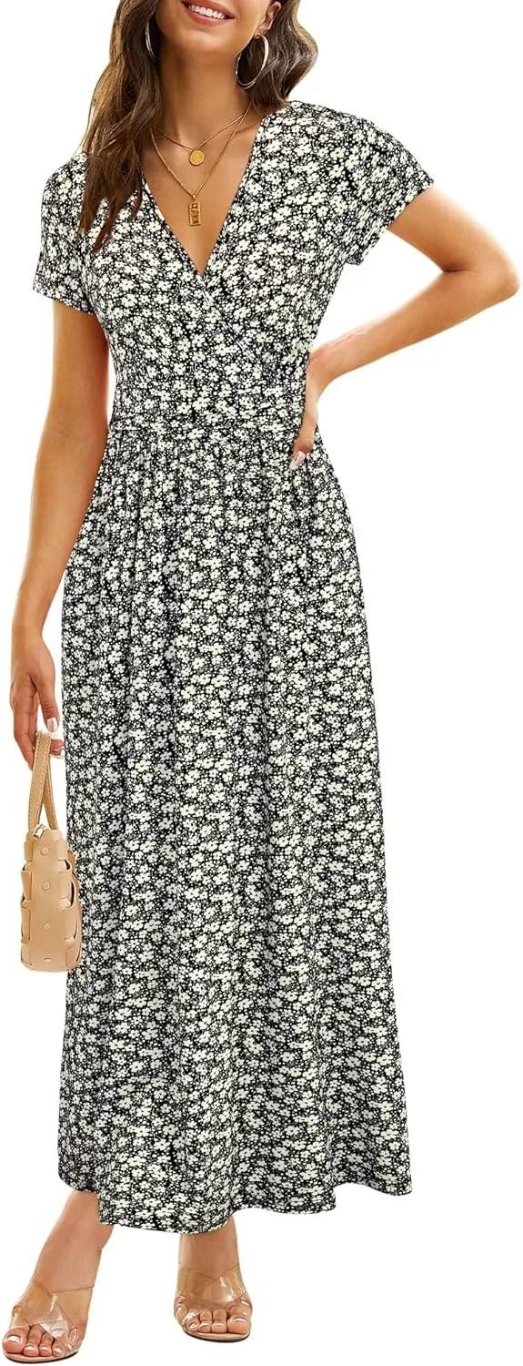 OUGES Womens' V-Neck Pattern Pocket Maxi Long Dress