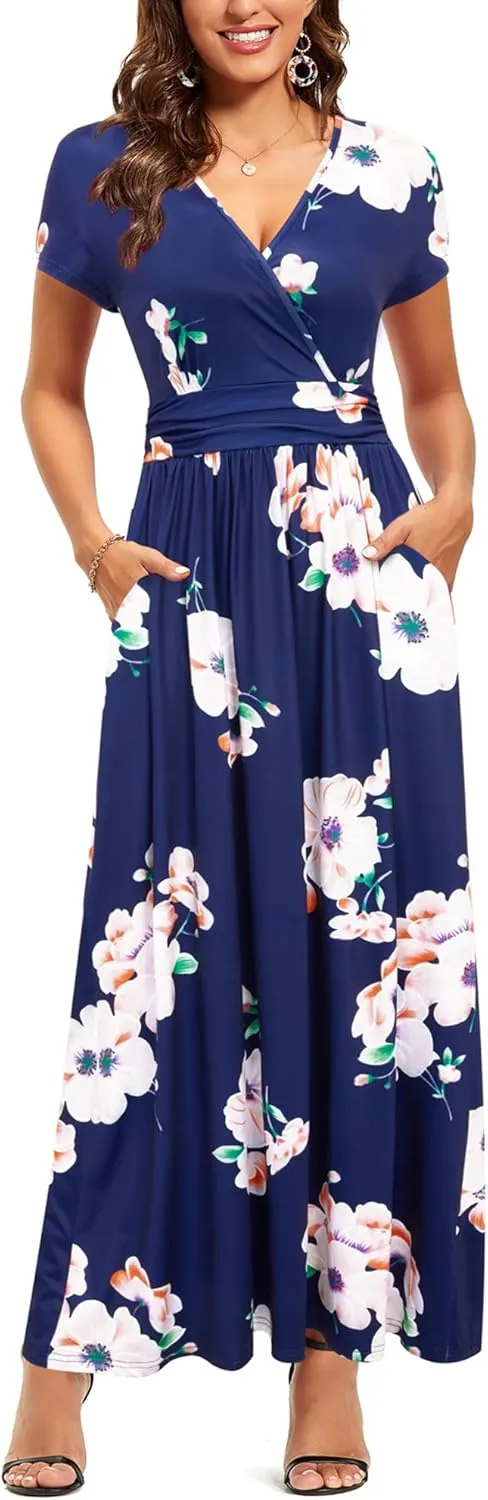 OUGES Womens' V-Neck Pattern Pocket Maxi Long Dress