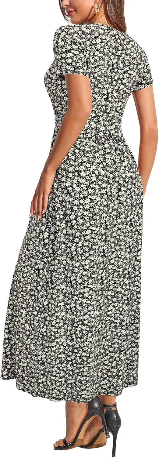 OUGES Womens' V-Neck Pattern Pocket Maxi Long Dress