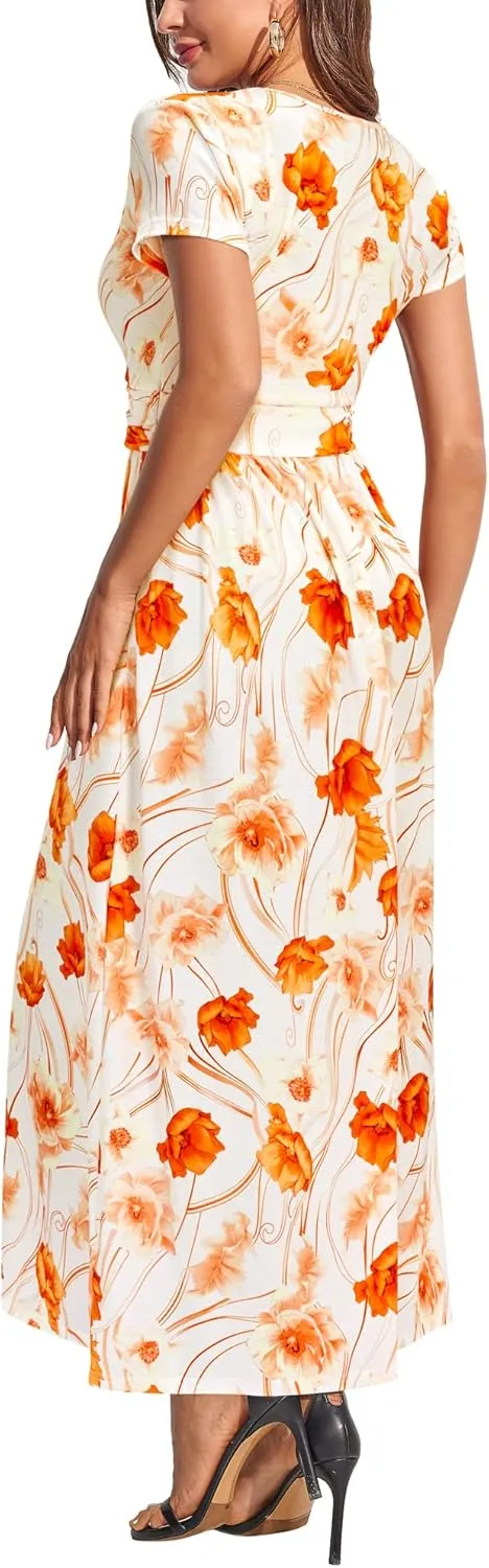 OUGES Womens' V-Neck Pattern Pocket Maxi Long Dress