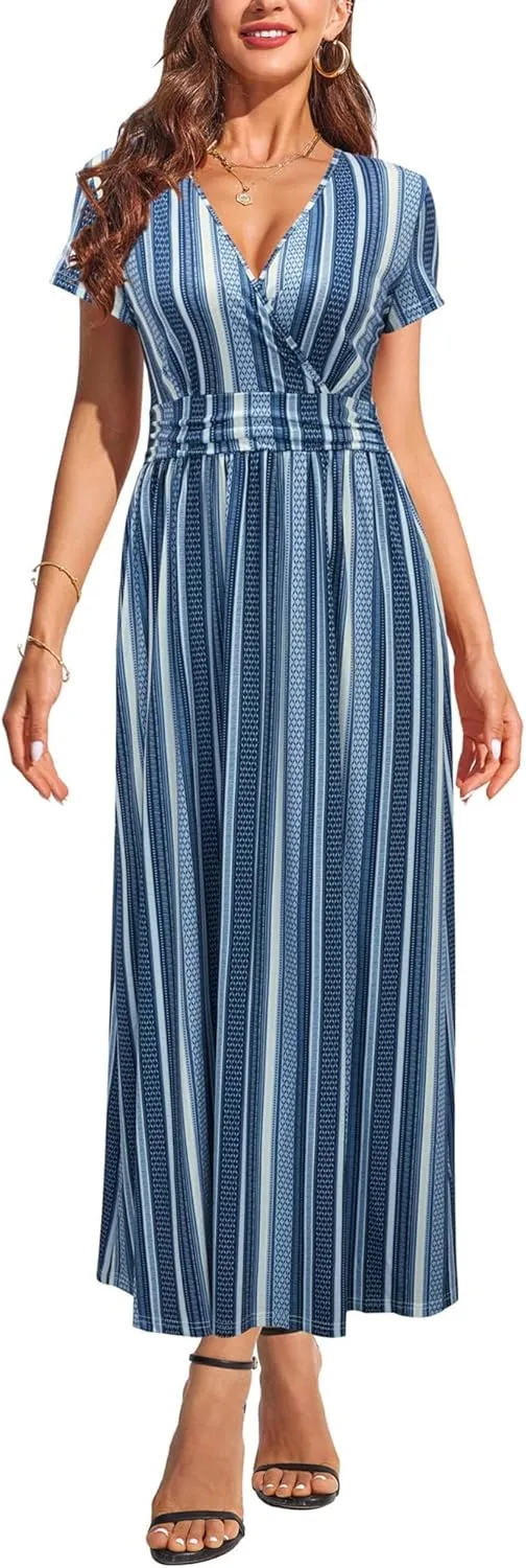 OUGES Womens' V-Neck Pattern Pocket Maxi Long Dress