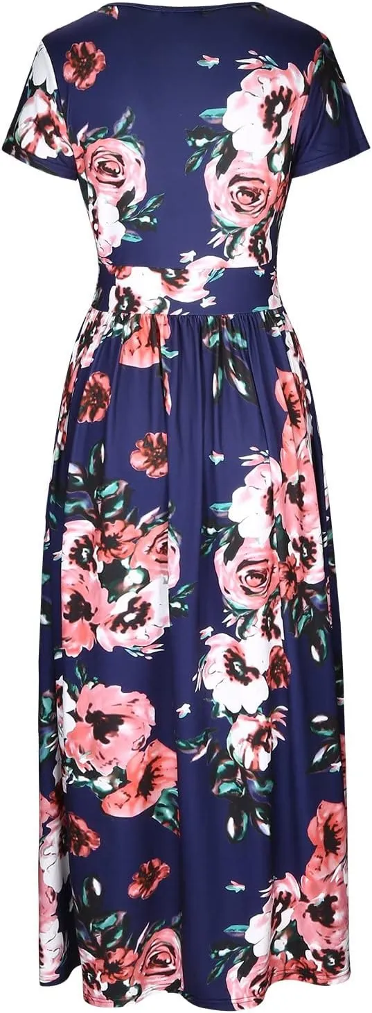 OUGES Womens' V-Neck Pattern Pocket Maxi Long Dress