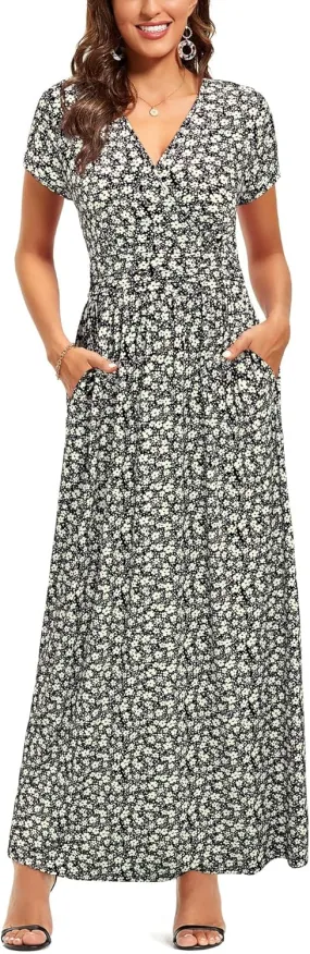 OUGES Womens' V-Neck Pattern Pocket Maxi Long Dress