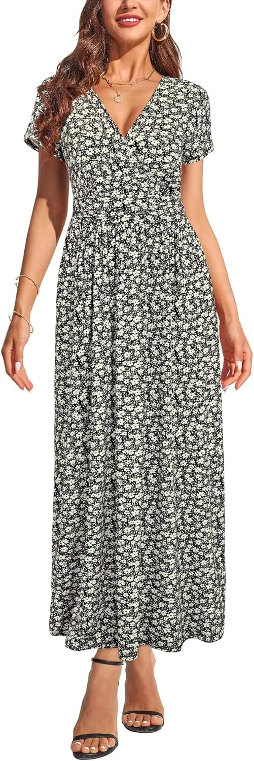 OUGES Womens' V-Neck Pattern Pocket Maxi Long Dress