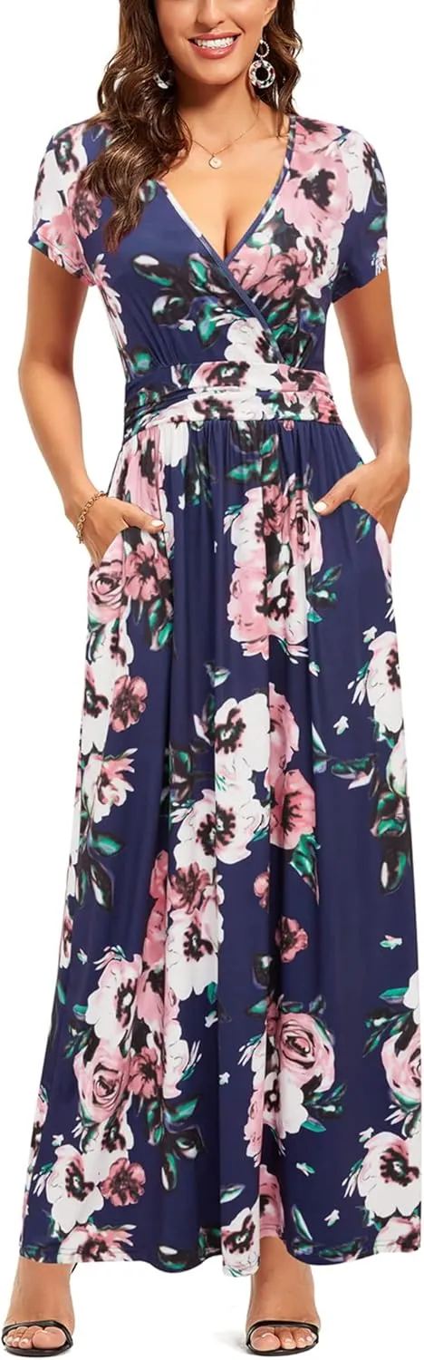 OUGES Womens' V-Neck Pattern Pocket Maxi Long Dress