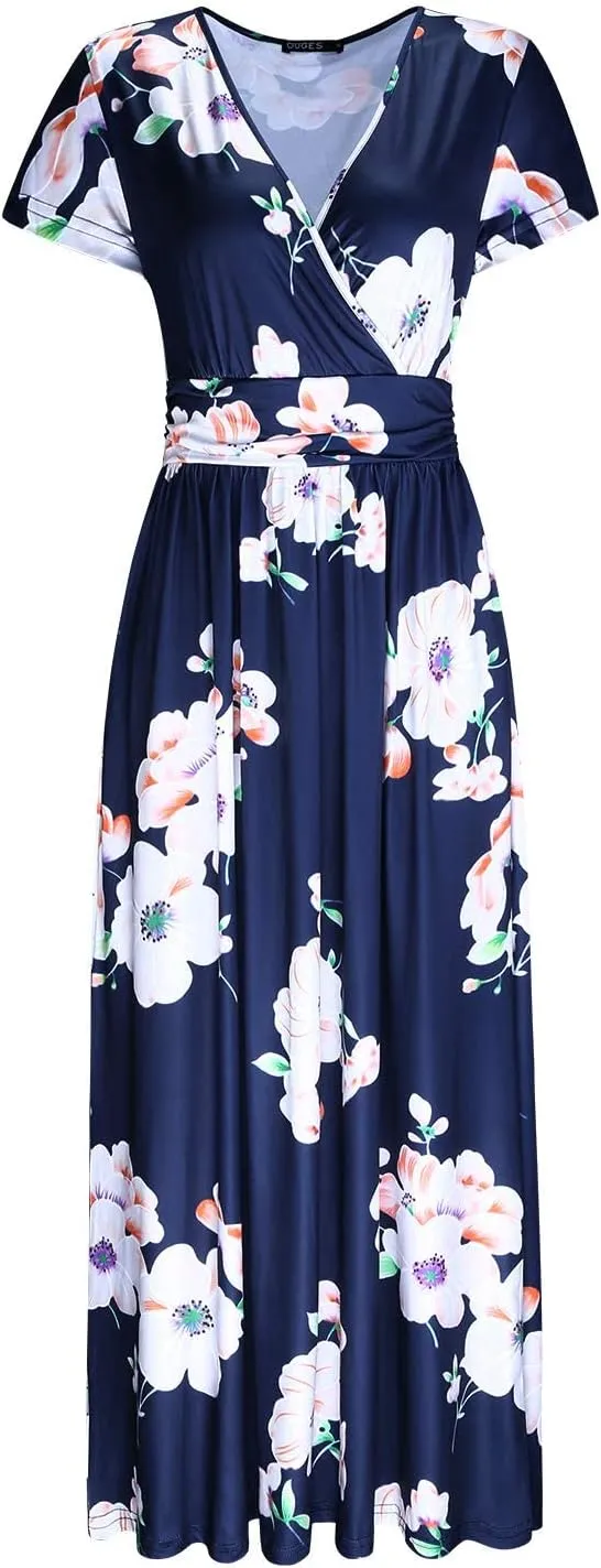 OUGES Womens' V-Neck Pattern Pocket Maxi Long Dress