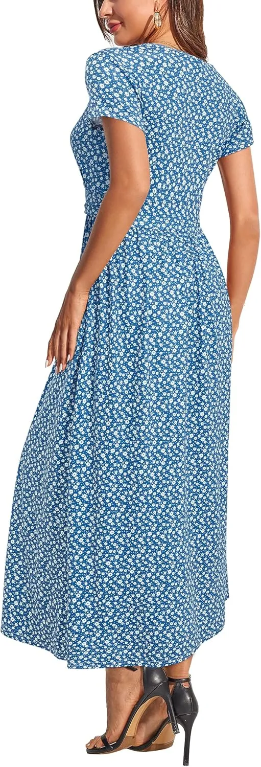 OUGES Womens' V-Neck Pattern Pocket Maxi Long Dress