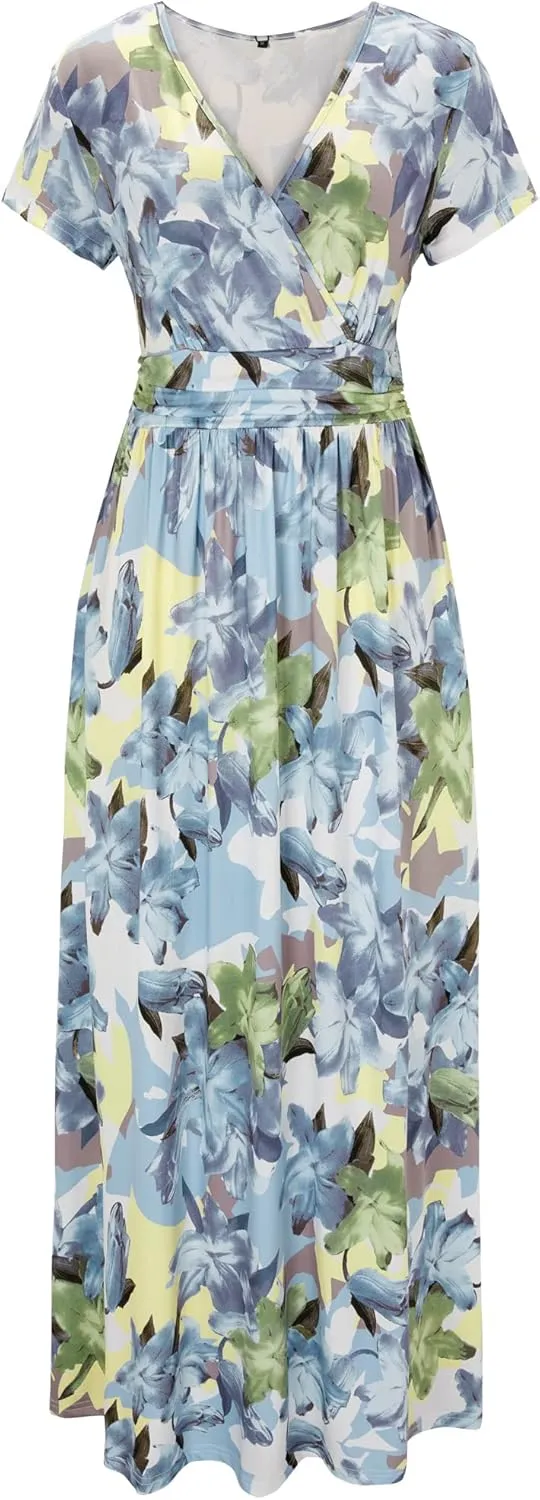 OUGES Womens' V-Neck Pattern Pocket Maxi Long Dress