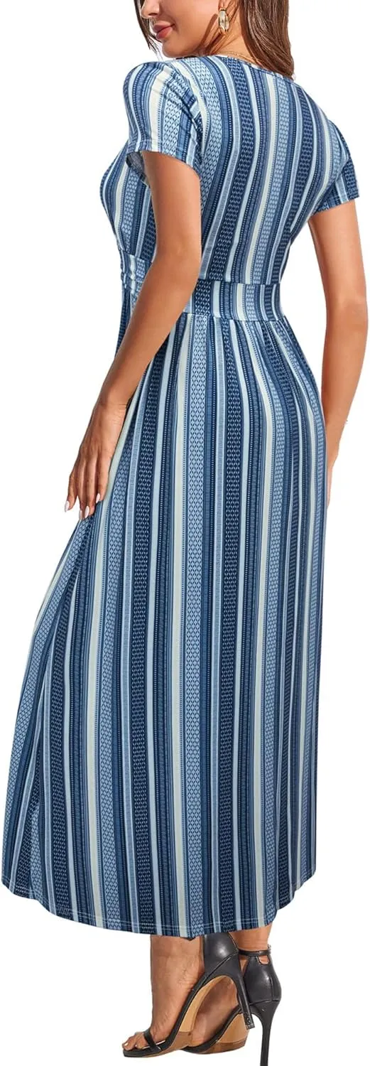 OUGES Womens' V-Neck Pattern Pocket Maxi Long Dress