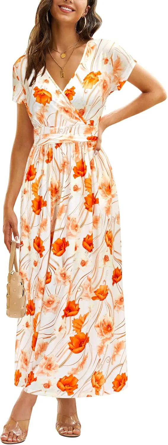 OUGES Womens' V-Neck Pattern Pocket Maxi Long Dress