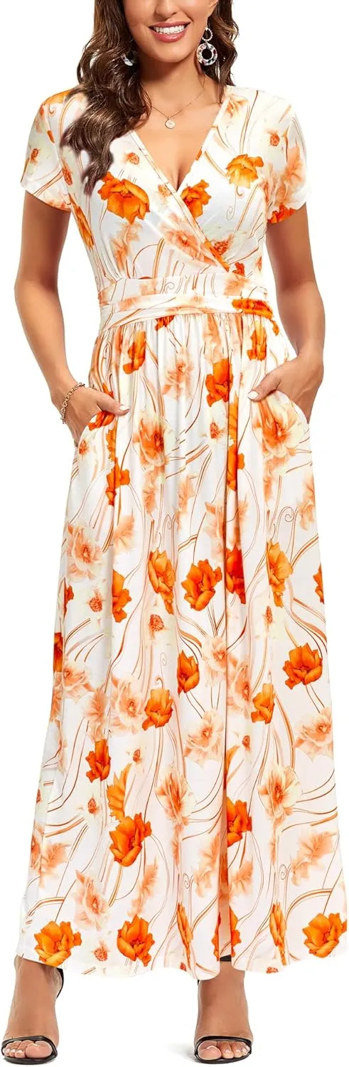 OUGES Womens' V-Neck Pattern Pocket Maxi Long Dress