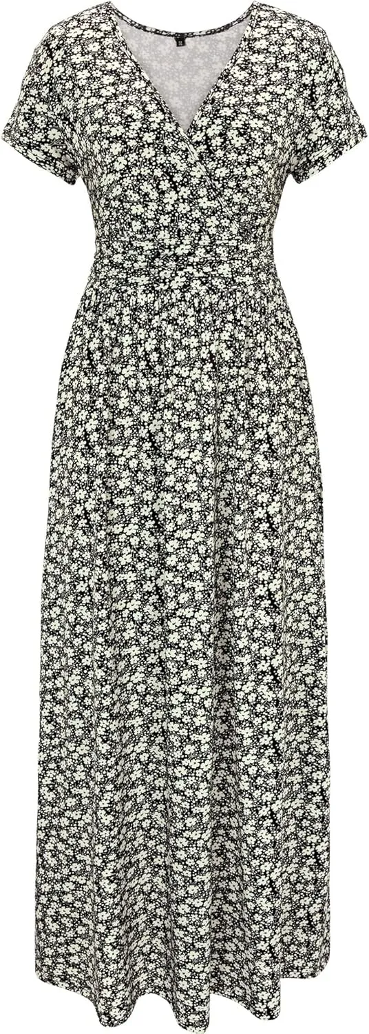 OUGES Womens' V-Neck Pattern Pocket Maxi Long Dress