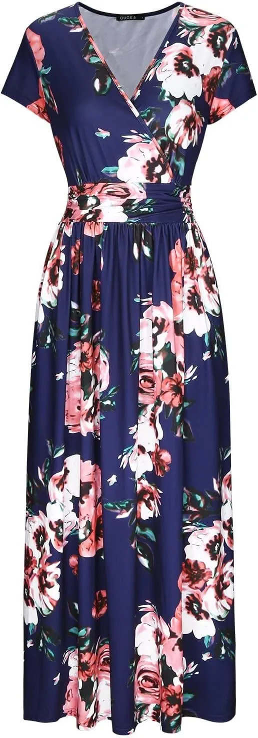 OUGES Womens' V-Neck Pattern Pocket Maxi Long Dress