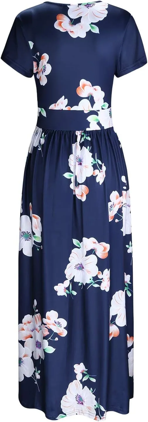 OUGES Womens' V-Neck Pattern Pocket Maxi Long Dress