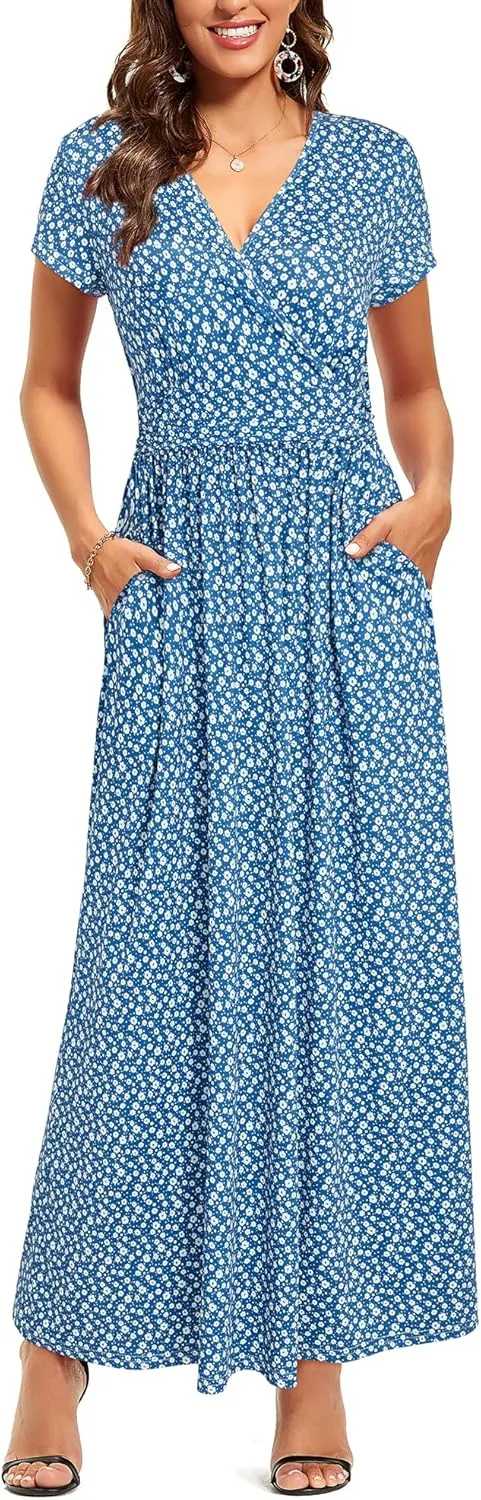 OUGES Womens' V-Neck Pattern Pocket Maxi Long Dress