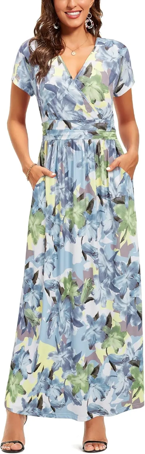OUGES Womens' V-Neck Pattern Pocket Maxi Long Dress
