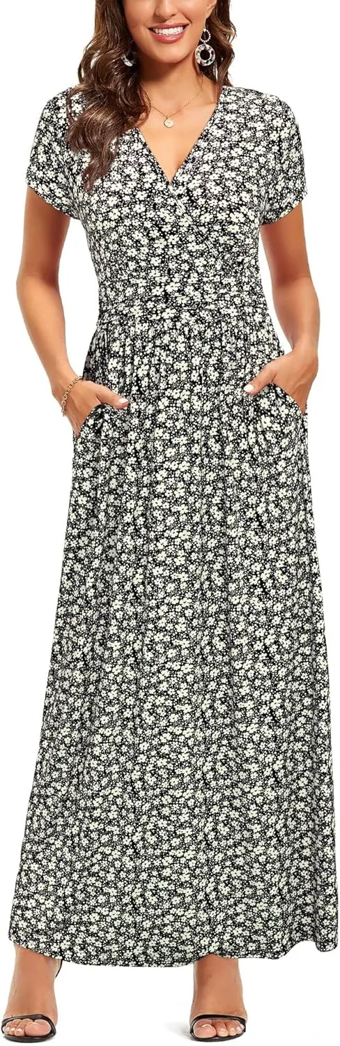 OUGES Womens' V-Neck Pattern Pocket Maxi Long Dress