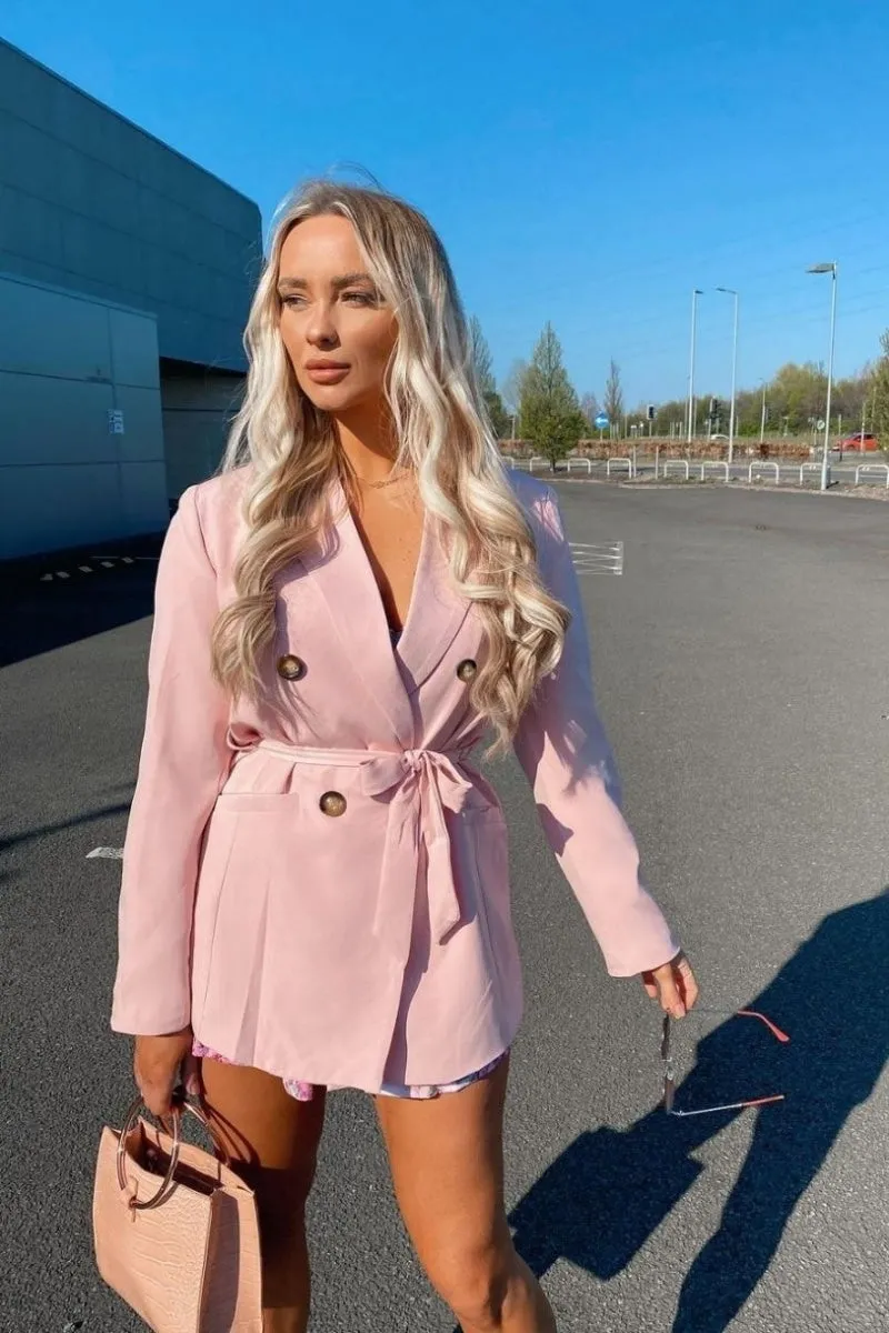 Pink Double Breasted Belted Fitted Blazer