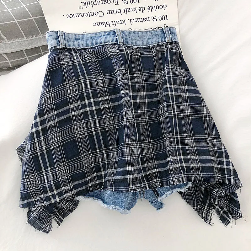 Plaid Stitching Two Style Wide Leg Denim Shorts